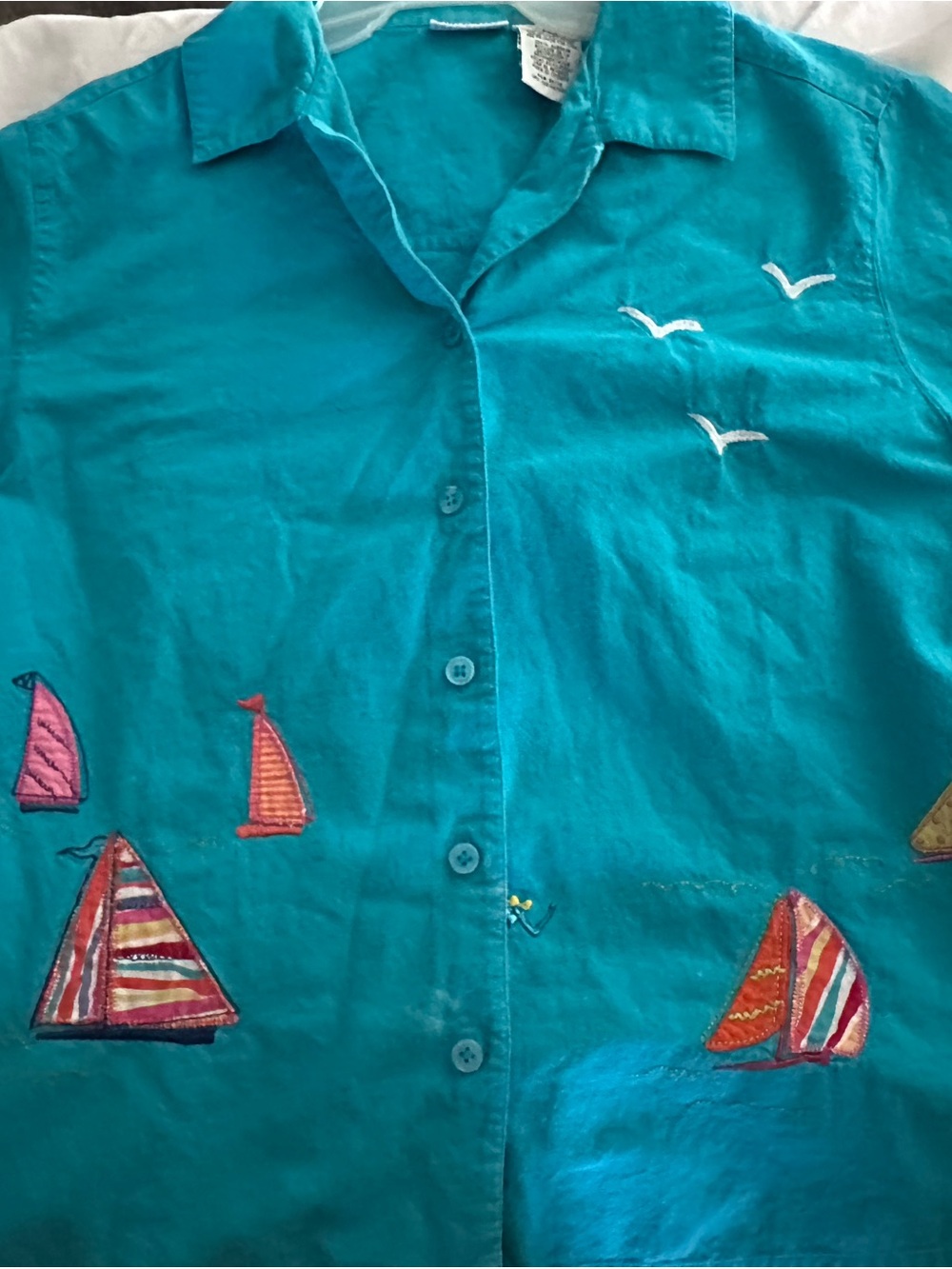 White Stag Turquoise Button-Down Shirt with Embroidered Sailboats